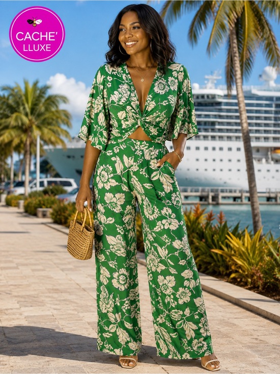 Zara Pants - ZARA Green Print Wide Leg Jumpsuit Lg